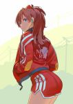  1girl alternate_costume ass blue_eyes closed_mouth commentary_request earphones from_behind gym_shorts hands_in_pockets jacket long_hair looking_back neon_genesis_evangelion outdoors pink_hair red_jacket red_shorts short_shorts shorts soryu_asuka_langley telephone_pole thighs tim_loechner wire 