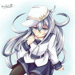  :&lt; belt clenched_hands eris_120 flat_cap hat hibiki_(kantai_collection) highres kantai_collection long_hair looking_at_viewer pantyhose silver_eyes silver_hair solo verniy_(kantai_collection) 