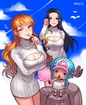  2girls black_hair blue_eyes breasts cleavage copyright_name cotton_candy earrings jewelry long_hair looking_at_viewer multiple_girls nami nami_(one_piece) necklace nico_robin one_piece open-chest_sweater orange_eyes orange_hair ribbed_sweater sanme smile sweater tony_tony_chopper wink 