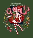  1girl bangs blunt_bangs cheese_ming christmas dress long_hair looking_at_viewer merry_christmas one_piece perona pink_hair red_legwear smile solo striped striped_legwear stuffed_animal stuffed_toy thighhighs twintails white_legwear 