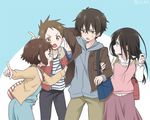  2girls anko_(teadial) arguing bag black_hair brown_eyes brown_hair chitanda_eru fukube_satoshi green_eyes hyouka ibara_mayaka long_hair multiple_boys multiple_girls oreki_houtarou purple_eyes short_hair 