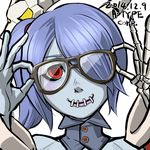  bespectacled blue_hair glasses hair_over_one_eye leviathan_(skullgirls) short_hair skeleton skullgirls smile squigly_(skullgirls) zombie 