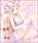  bed blonde_hair bow breasts cleavage colored_pencil_(medium) commentary hair_bow hat hat_ribbon large_breasts lingerie long_hair marker_(medium) mob_cap negligee no_panties potto purple_eyes ribbon see-through smile solo thighhighs thighs touhou traditional_media underwear yakumo_yukari 