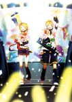  1girl blonde_hair bouquet brother_and_sister closed_eyes detached_leggings detached_sleeves flower hair_ornament hair_ribbon hairclip headphones instrument kagamine_len kagamine_rin keytar microphone open_mouth ribbon ryou_(fallxalice) short_hair shorts siblings smile twins vocaloid waving 