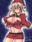  bell bell_collar breast_hold breasts brown_hair christmas collar crossed_arms dark_skin eris_120 glasses kantai_collection large_breasts looking_at_viewer microskirt musashi_(kantai_collection) navel pink_eyes pointy_hair santa_costume skirt smile snow solo 