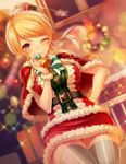  ;) ayase_eli bell blonde_hair capelet christmas closed_mouth hair_ornament hand_on_hip looking_at_viewer love_live! love_live!_school_idol_project one_eye_closed pekoo_(pekota) ponytail purple_eyes santa_costume short_hair smile solo striped striped_legwear thighhighs vertical-striped_legwear vertical_stripes 