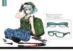  alternate_costume backpack bag bespectacled blue_eyes blue_hair boots character_name dirty glasses gloves hair_bobbles hair_ornament hat jewelry kawashiro_nitori key looking_at_viewer nabeshima_tetsuhiro necklace pants pliers shirt short_hair simple_background sitting sleeveless solo text_focus tools touhou two_side_up white_background wrench 