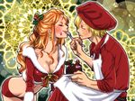  1boy 1girl apron blonde_hair blush breasts christmas cleavage earrings eating eyes_closed facial_hair fork fur_trim hat jewelry kuri_(pienu) long_hair nami nami_(one_piece) one_piece orange_hair sanji 