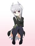  bird_tail black_legwear full_body glasses gloves head_wings heidimarie_w_schnaufer long_hair military military_uniform ouhashi panties pantyshot pantyshot_(sitting) red_eyes silver_hair sitting solo strike_witches thighhighs underwear uniform white_panties world_witches_series 