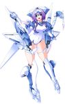  :d armor blush breasts elbow_gloves exelica gloves green_eyes hat headgear highres leotard machinery mecha_musume medium_breasts nanairo_souga open_mouth pink_hair purple_hair short_hair simple_background smile standing thigh_strap trigger_heart_exelica white_background white_gloves 