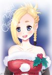  1girl 2014 bare_shoulders blonde_hair blue_eyes braid christmas dated final_fantasy final_fantasy_xiv fur_trim looking_at_viewer merry_christmas minfilia open_mouth signature solo watermark web_address 