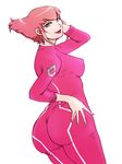  1girl artist_request ass barara_peol bodysuit breasts female from_behind green_eyes gundam gundam_g_no_reconguista looking_at_viewer looking_back open_mouth pink_hair short_hair sideboob smile solo spring_rain white_background 