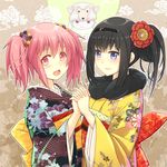  2girls akemi_homura bangs black_hair blue_eyes blush from_side holding_hands japanese_clothes kaname_madoka kazu kimono kyubey long_hair long_sleeves looking_at_viewer looking_to_the_side mahou_shoujo_madoka_magica multiple_girls new_year pink_eyes pink_hair pun sheep_hat smile twintails yuri 