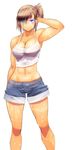  abs blue_eyes breasts brown_hair cleavage glowing glowing_eyes hand_behind_head hand_on_own_head heterochromia highres large_breasts midriff muscle muscular_female navel onibi_(foxhound4185) original patchwork_girl_(onibi) ponytail purple_eyes shorts solo standing sweat tank_top white_background 