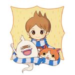  &gt;_&lt; amano_keita ayu_(mog) bad_id bad_pixiv_id brown_eyes brown_hair cat closed_eyes ghost jibanyan looking_at_viewer notched_ear open_mouth purple_lips short_hair simple_background smile star upper_body whisper_(youkai_watch) white_background youkai youkai_watch 