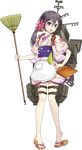  akebono_(kantai_collection) bare_legs bell black_eyes black_hair broom drew_(drew213g) dustpan flower full_body geta hair_bell hair_flower hair_ornament holding japanese_clothes jingle_bell kantai_collection kimono long_hair looking_at_viewer machinery obi official_art open_mouth pigeon-toed sandals sash short_kimono side_ponytail solo tasuki tiptoes toenails transparent_background 