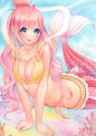  1girl blue_eyes blush breasts cleavage long_hair mermaid monster_girl navel one_piece pink_hair pochi_(popcooooorn) shirahoshi solo 