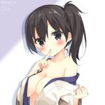  black_eyes black_hair blush breasts collarbone dated finger_to_mouth japanese_clothes kaga_(kantai_collection) kantai_collection kimono looking_at_viewer masuishi_kinoto medium_breasts off_shoulder open_clothes open_kimono short_hair side_ponytail solo twitter_username upper_body 