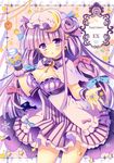  alternate_hairstyle bad_id bad_pixiv_id blush bottle bow breasts cleavage crescent double_bun earrings hair_bow hat jewelry large_breasts long_hair looking_at_viewer mizuse_kiseki patchouli_knowledge purple_eyes purple_hair smile solo star touhou wrist_cuffs 