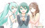  :d brown_eyes brown_hair girl_sandwich green_eyes green_hair hands_on_another's_shoulder hatsune_miku highres long_hair multiple_girls nicca_(kid_nicca) open_mouth original sandwiched school_uniform short_hair smile twintails vocaloid 