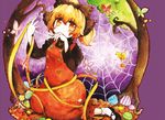  blonde_hair bow bug butterfly dress hair_bow insect kurodani_yamame leaf mushroom ponytail ribbon shiro_tsugumi short_hair silk smile solo spider_web touhou tree 