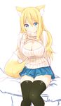  animal_ear_fluff animal_ears bad_id bad_pixiv_id black_legwear blonde_hair blue_eyes breasts cleavage cleavage_cutout fox_ears fox_tail futaba_aoi large_breasts long_hair looking_at_viewer meme_attire naomi_(sekai_no_hate_no_kissaten) open-chest_sweater original pleated_skirt ribbed_sweater sitting sketch skirt solo sweater tail thighhighs thighs turtleneck 