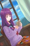  alternate_costume blanket book bow chair crescent crescent_hair_ornament curtains hair_bow hair_ornament kitano_(kitanosnowwhite) long_sleeves looking_down no_hat no_headwear open_book patchouli_knowledge purple_eyes purple_hair reading sailor_collar sitting solo sweater touhou window 