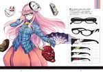  bespectacled black-framed_eyewear bow bubble_skirt character_name expressionless fan fox_mask glasses hata_no_kokoro long_hair long_sleeves mask monkey_mask nabeshima_tetsuhiro noh_mask oni_mask pink_eyes pink_hair plaid plaid_shirt shirt skirt solo text_focus touhou vest 