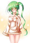  alternate_hairstyle blush breasts cleavage_cutout expressive_clothes frog_hair_ornament green_hair hair_ornament hair_tubes highres kochiya_sanae large_breasts long_hair looking_at_viewer meme_attire open-chest_sweater osashin_(osada) ribbed_sweater side_ponytail sleeves_past_wrists smile snake_hair_ornament solo sweater touhou yellow_eyes 