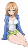  ahorote bangs blonde_hair blue_eyes blush bob_cut breasts cleavage collarbone jacket large_breasts long_sleeves looking_at_viewer miyamori_aoi open_clothes open_jacket shirobako short_hair shorts simple_background sitting smile solo white_background 