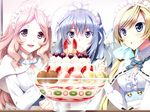  ahoge blonde_hair blue_eyes blue_hair bow capelet dessert detached_collar food fork frills hair_bow headdress ice_cream kamiya_maneki kirishima_shizuka long_hair multiple_girls nagato_izumi pink_hair purple_eyes relations_sisterxsister smile sweatdrop waitress yamashiro_misa 