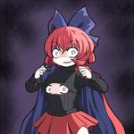  :d adapted_costume aratami_isse bow cape evil_smile hair_bow md5_mismatch meme_attire open-chest_sweater open_mouth pink_eyes red_hair ribbed_sweater sekibanki shaded_face short_hair skirt smile sweater touhou 