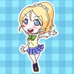  ayase_eli blazer blonde_hair blue_background blue_eyes bow bowtie brown_footwear chibi crossed_legs green_bow grin jacket karaagetarou love_live! love_live!_school_idol_project navy_blue_legwear outline outstretched_hand plaid plaid_background plaid_skirt pleated_skirt ponytail scrunchie shoes skirt smile solo white_outline white_scrunchie 