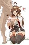  1girl :q ahoge blue_eyes blush brown_hair censored cum detached_sleeves double_bun ejaculation gloves handjob headgear heart heart-shaped_pupils hetero kantai_collection kneeling kongou_(kantai_collection) long_hair male_pubic_hair momio nontraditional_miko nude panties penis pink_gloves prostate_milking pubic_hair simple_background skirt spoken_heart symbol-shaped_pupils testicles thighhighs tongue tongue_out underwear white_background white_panties 