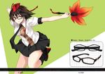  bespectacled black_hair fan glasses hat hauchiwa leaf leaf-pattern_stripe nabeshima_tetsuhiro necktie open_mouth outstretched_arms red_eyes shameimaru_aya short_hair solo spread_arms tokin_hat touhou 