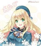  :d atago_(kantai_collection) blonde_hair blush breasts green_eyes hat huyukaaki kantai_collection large_breasts long_hair open_mouth smile solo twitter_username 