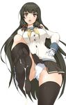  black_hair black_legwear breasts cowboy_shot cum cum_on_clothes from_below gloves hand_on_hip isokaze_(kantai_collection) kantai_collection large_breasts leg_up long_hair looking_at_viewer looking_down momio open_mouth panties red_eyes school_uniform serafuku sidelocks simple_background skirt solo thighhighs underwear upskirt very_long_hair white_background white_gloves white_panties 