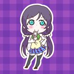  black_hair blazer blue_eyes bow bowtie c: cellphone chibi hand_on_hip jacket karaagetarou long_hair love_live! love_live!_school_idol_project navy_blue_legwear outline phone plaid plaid_background plaid_skirt purple_background scrunchie skirt smartphone solo thighhighs toujou_nozomi twintails very_long_hair white_outline 