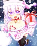  adapted_costume ankle_boots bad_id bad_pixiv_id banned_artist bell bell_collar between_breasts black_legwear blush boots breasts brown_footwear candy candy_cane christmas collar food fur_boots gift hat kisaragi_zwei large_breasts lavender_hair looking_at_viewer merlin_prismriver mittens musical_note open_mouth purple_eyes sack skirt skirt_set smile snowing solo symbol-shaped_pupils thighhighs touhou 