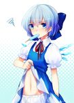  bloomers blue_eyes blue_hair blush bow cirno food hair_bow halftone halftone_background hot ice ice_wings mouth_hold navel popsicle puffy_sleeves shibuki_kamone shirt_lift short_hair short_sleeves solo squiggle touhou underwear wings 