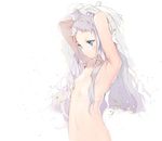  animal_ears anmi armpits arms_up blue_eyes blush cat_ears dress expressionless flat_chest hair_over_breasts long_hair navel nude original silver_hair simple_background solo undressing upper_body veil white_background 