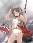  bare_shoulders black_hair brown_eyes cowboy_shot dark_skin diving_mask diving_mask_on_head grin gun handgun kantai_collection looking_at_viewer machinery maru-yu_(kantai_collection) one-piece_swimsuit school_swimsuit short_hair smile smoke solo swimsuit weapon white_school_swimsuit white_swimsuit yumesato_makura 