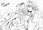  1girl barefoot book bow crescent dated feet hair_bow hat long_hair monochrome patchouli_knowledge purple_hair ribbon solo tako_(plastic_protein) toes touhou 