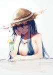  akame_ga_kill! bba1985 blue_eyes blue_hair breasts cleavage drink esdeath food fruit glass hat highres large_breasts lime_(fruit) long_hair looking_at_viewer profile sketch smile solo straw_hat 