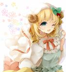 bell blonde_hair blush bow dress green_eyes hair_bow horns one_eye_closed open_mouth original puracotte smile solo 