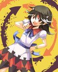 bangle black_hair bow bracelet directional_arrow dress fang hand_on_hip horns jewelry kijin_seija multicolored_hair open_mouth pointing pointing_at_self red_eyes red_hair short_hair smile solo streaked_hair tako_(plastic_protein) touhou white_hair 