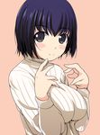  blush_stickers breasts eyebrows_visible_through_hair large_breasts looking_at_viewer matsunaga_kouyou original purple_eyes purple_hair ribbed_sweater short_hair smile solo sweater turtleneck upper_body 