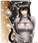  animal_ears arm_grab arms_behind_back black_hair blush border borrowed_character breasts brown_eyes cat_ears cat_tail cleavage cleavage_cutout contrapposto covered_nipples dated jewelry kedama large_breasts lips long_hair meme_attire necklace nukonabe_(koppe_pan) open-chest_sweater original ribbed_sweater smile snowing solo standing sweater taikyokuturugi tail turtleneck 