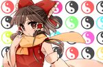  ascot bow brown_eyes brown_hair colorful detached_sleeves expressionless fujino_ichi hair_bow hair_tubes hakurei_reimu ribbon-trimmed_clothes ribbon-trimmed_sleeves ribbon_trim sarashi scarf scarf_grab solo touhou upper_body yin_yang 