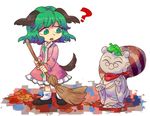  ? animal_ears broom dress furukawa_(yomawari) futatsuiwa_mamizou glasses green_eyes green_hair jizou kasodani_kyouko leaf leaf_on_head multiple_girls open_mouth pince-nez raccoon_ears raccoon_tail short_hair smile statue tail touhou 